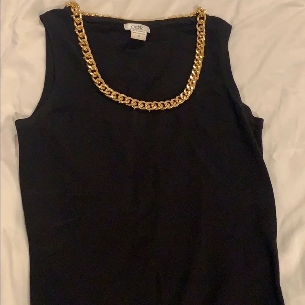 Caché black Tank with Gold Chain around neck line